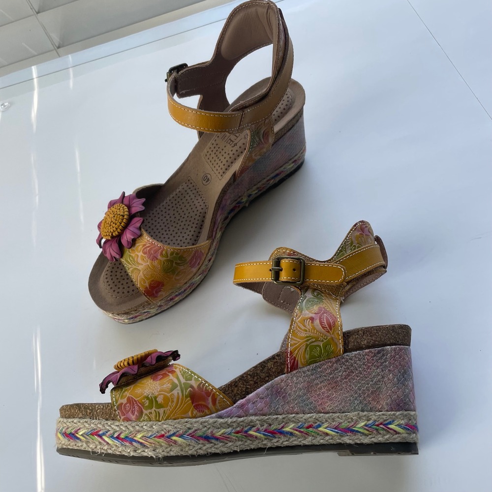L'ATISTE Yellow Floral Leather Wedge Sandals with Pink Flower Accent - Picture 12 of 12